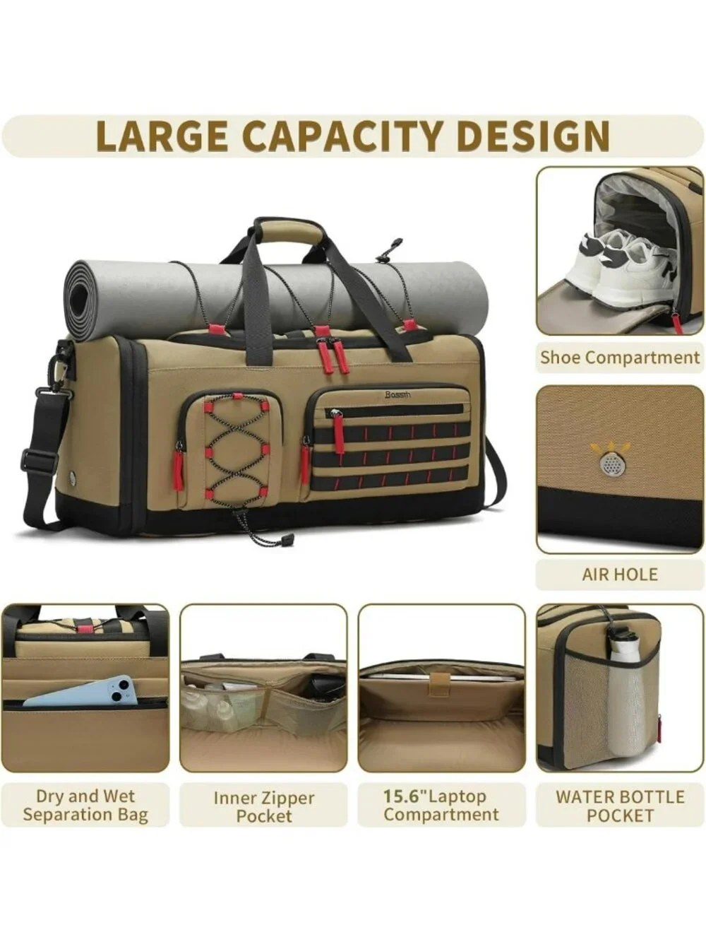 Expandable 45L-50L Sports Duffle Gym Bag for Men & Women - Versatile Travel Tote